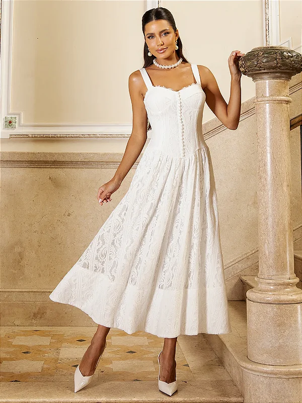 Vestido Midi em Renda Off White com Busto Corset e Saia Evasê Amelia