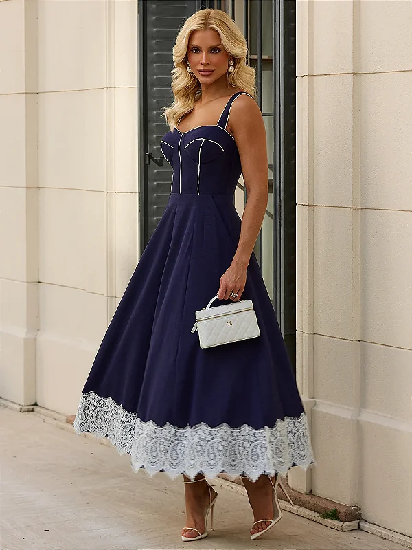 Vestido Midi Marinho Crepe Ravena e Renda Joe
