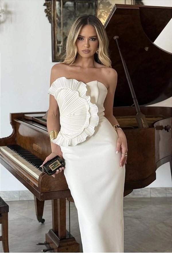 Vestido Midi Alfaiataria Tomara que Caia com Aplicação Plissada Wendy