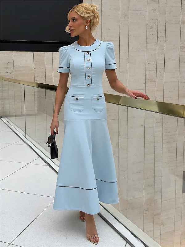 Vestido Midi Azul em Crepe com Botões Diane