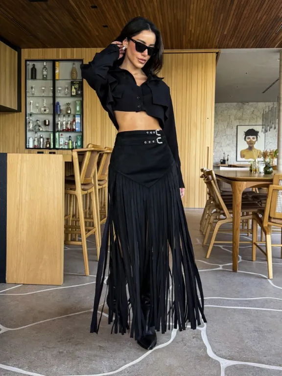 Saia de Franjas Preta em Suede com Fivelas Duplas Castela