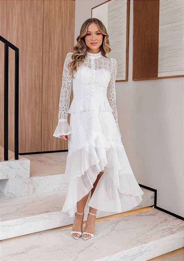 Vestido Mídi Off White em Renda com Recortes em Crepe Kamila
