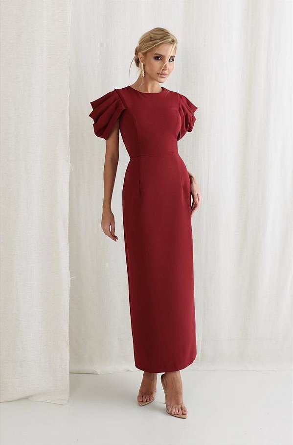 Vestido Marsala Longuete em Alfaiataria com Mangas Bufantes Drapeadas Bruna