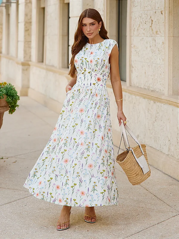 Vestido Mídi em Mix de Malha e Crepe Estampa Floral Isabele
