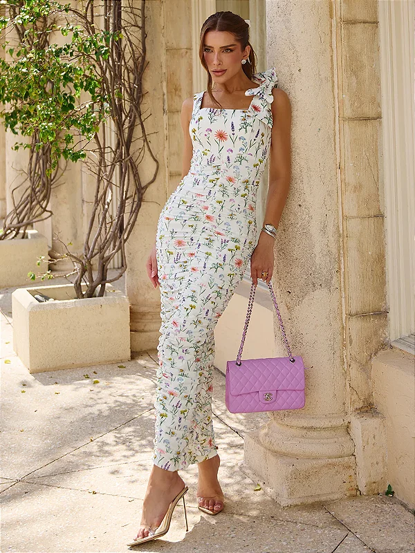 Vestido Mídi Giardino Estampa Floral com Drapeado e Laço Rejane