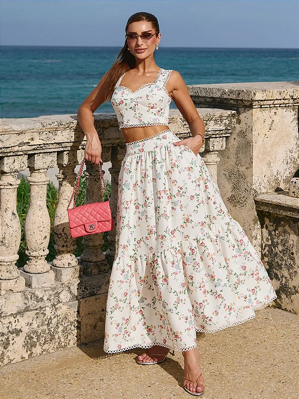 Conjunto Mídi Floral Cropped e Saia Kamila