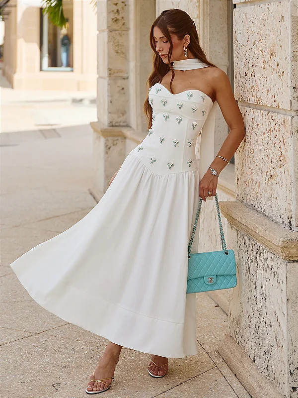 Vestido Mídi em Crepe Off-White com Pedrarias Verde-Água e Pérolas Renata