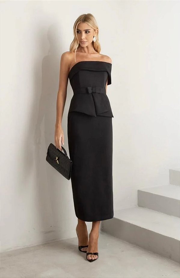 Vestido Mídi em Crepe Alfaiataria Preto Assimétrico de Um Ombro Só com Peplum