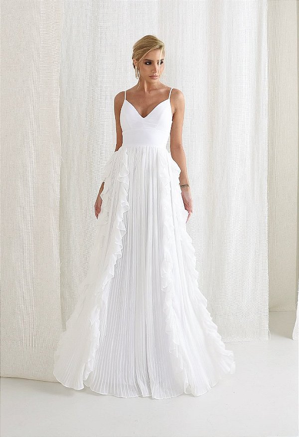 Vestido Longo Off White Plissado em Chiffon com Babados Jasmim
