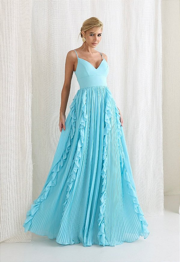 Vestido Longo Azul Plissado em Chiffon com Babados Jasmim