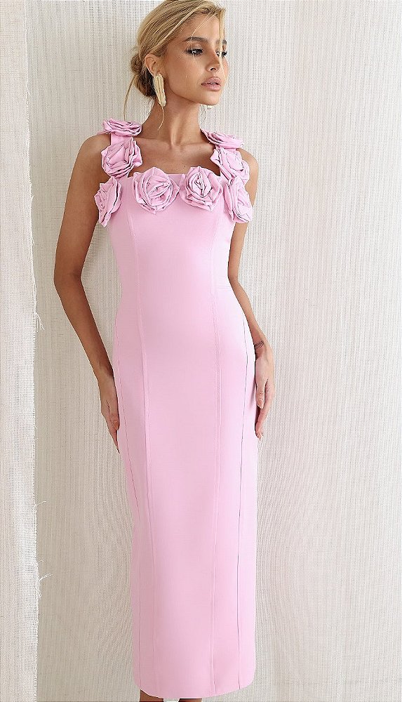 Vestido Midi Rosa Tubinho Alfaiataria Premium com Flores 3D
