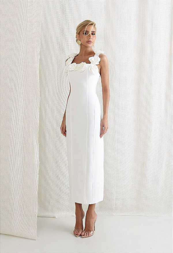 Vestido Midi Off White Tubinho Alfaiataria Premium com Flores 3D