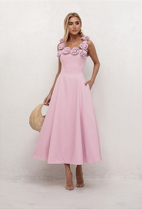 Vestido Midi Rosa Gode Alfaiataria Premium com Flores 3D