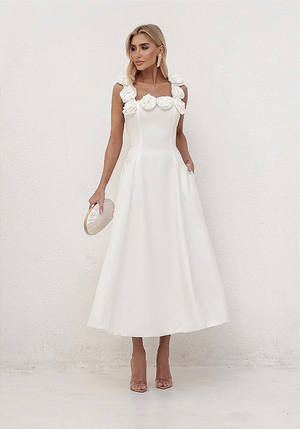 Vestido Midi Off White Gode Alfaiataria Premium com Flores 3D