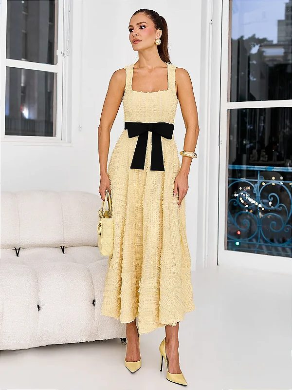 Vestido Midi Rodado em Malha Tweed Amarelo Manteiga | Mel
