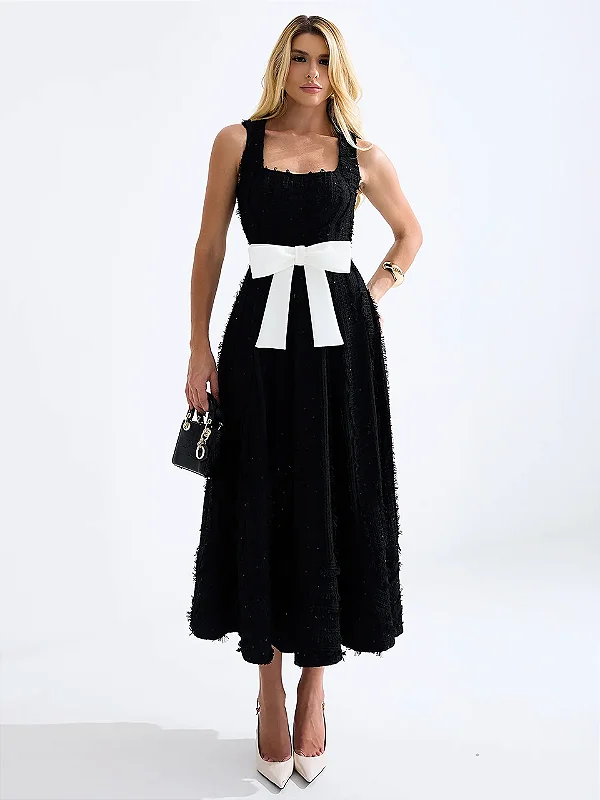 Vestido Midi Rodado em Malha Tweed Preto | Mel