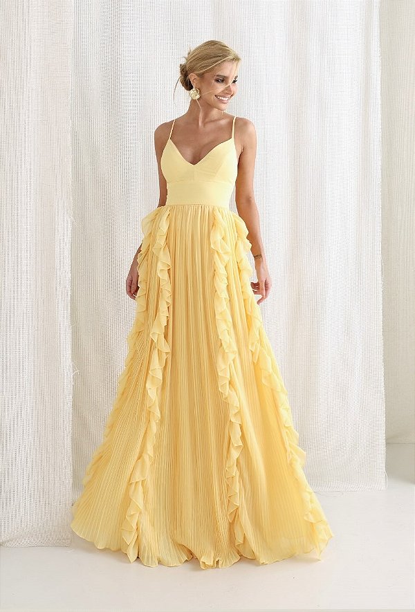 Vestido Longo Amarelo Plissado em Chiffon com Babados Jasmim