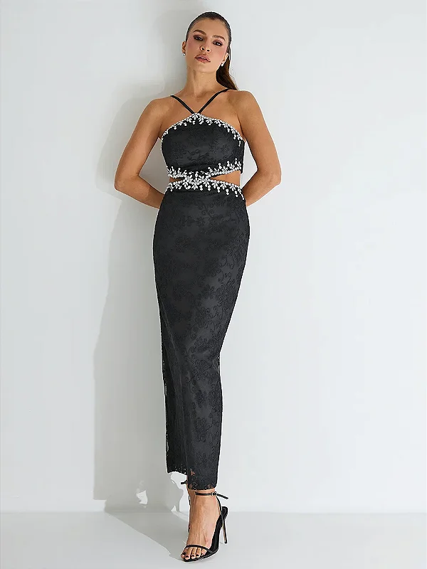 Vestido Midi Tule Bordado Preto com Pedrarias | Renata