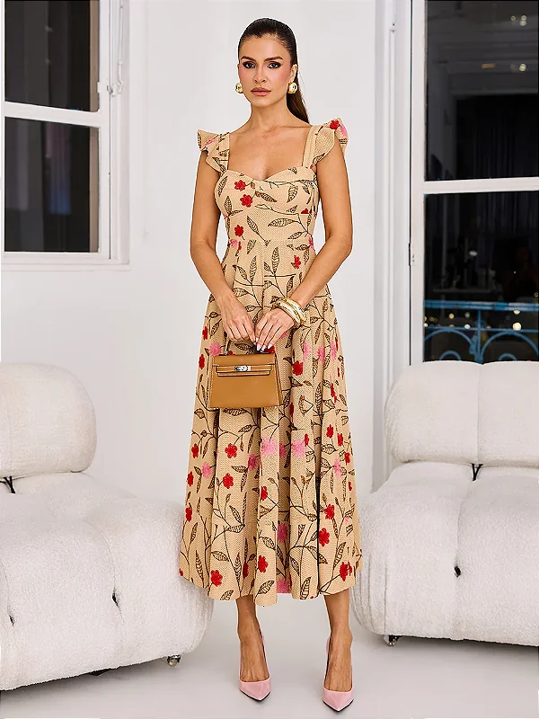 Vestido Midi Bordado Floral Bege e Rosa | Flora