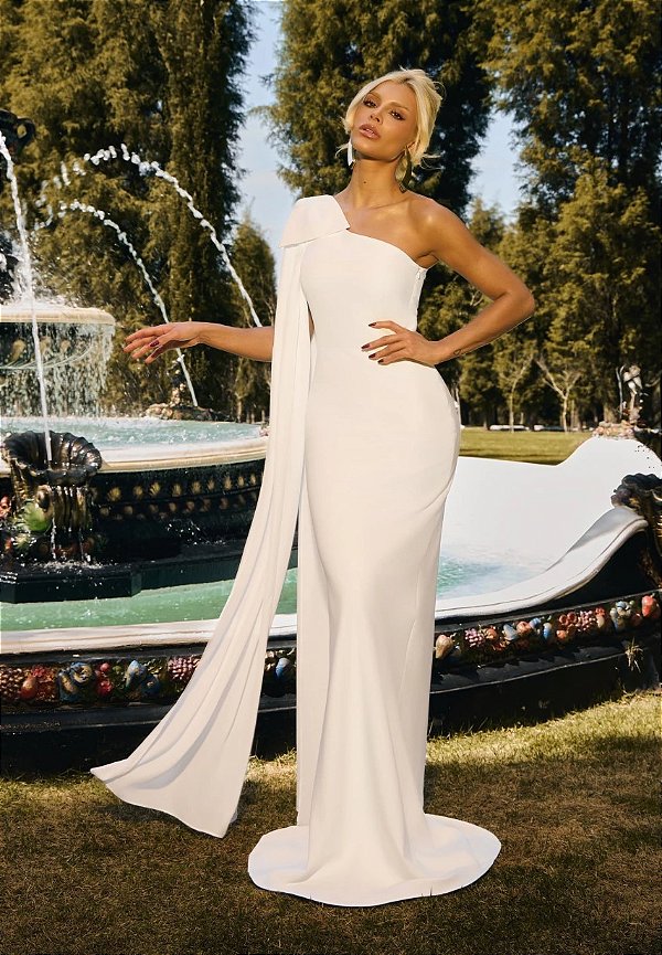 Vestido Longo Branco Sereia com Capa | Milena