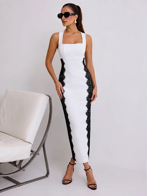 Vestido Houston Midi Justo em Crepe Off-white com Renda Chantilly