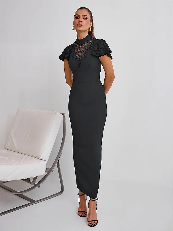 Vestido Secret Affair Midi Justo em Crepe e Renda Preto