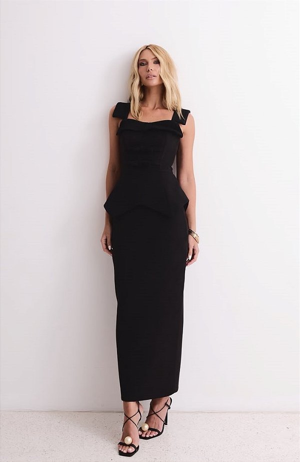 Vestido Midi Preto com Peplum | Celeste