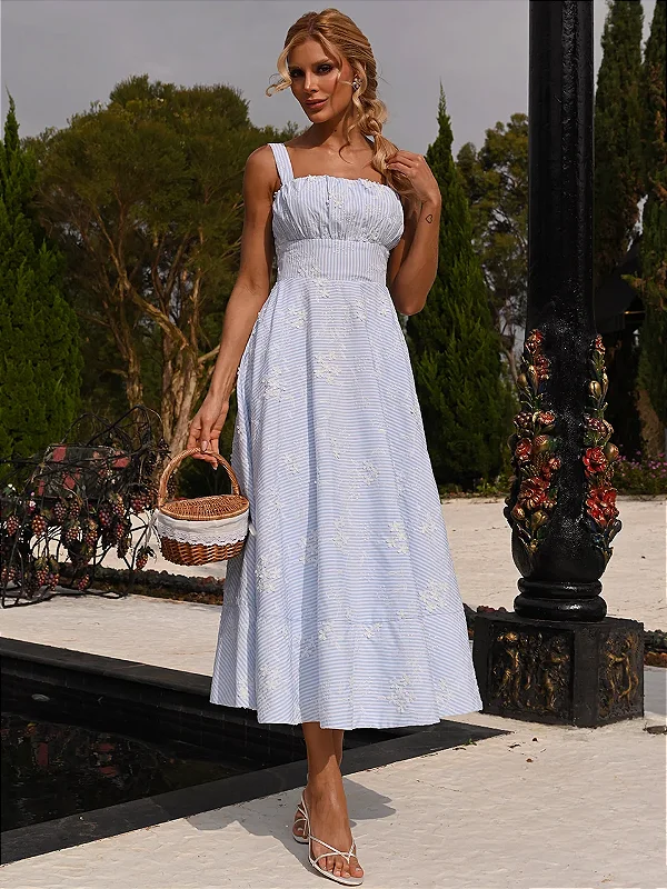 Vestido Midi Azul e Branco Flores 3D | Annelise