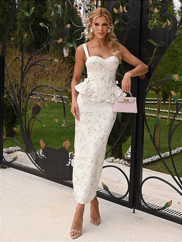 Conjunto Midi Floral com Corset Estruturado | Amélia