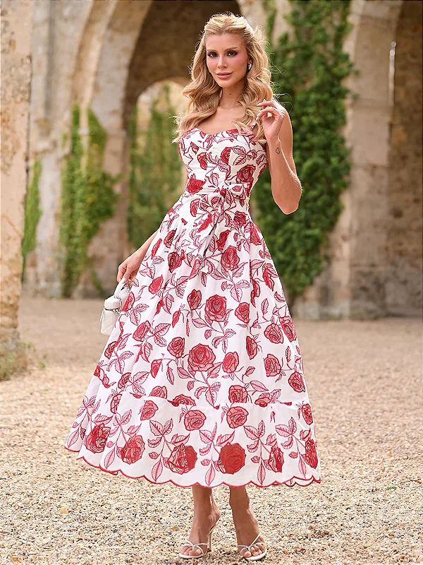 Vestido Midi Floral com Rosas Vermelhas | Valerie