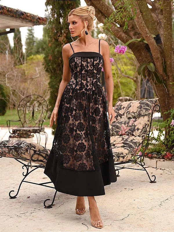 Vestido Midi Preto de Renda Floral com Corset | Celeste