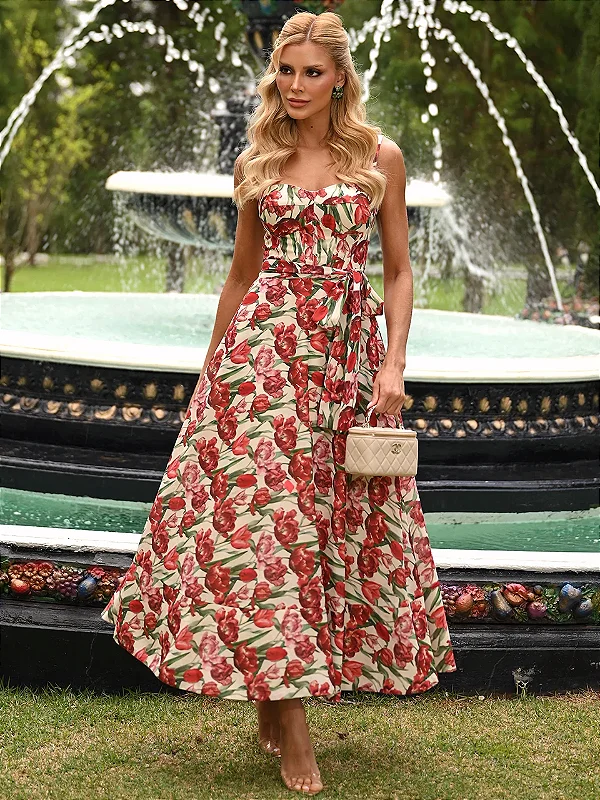 Vestido Midi Floral com Decote Coração e Saia Ampla | Florença