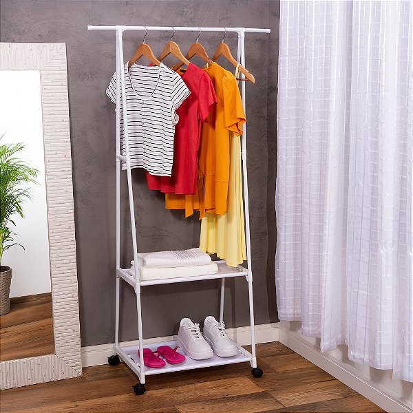 ARARA PARA ROUPAS COM RODIZIO E PRATELEIRAS