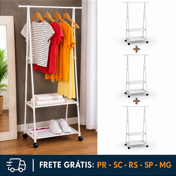 Kit 3 UND - Arara para Roupas com Rodízio e Prateleiras
