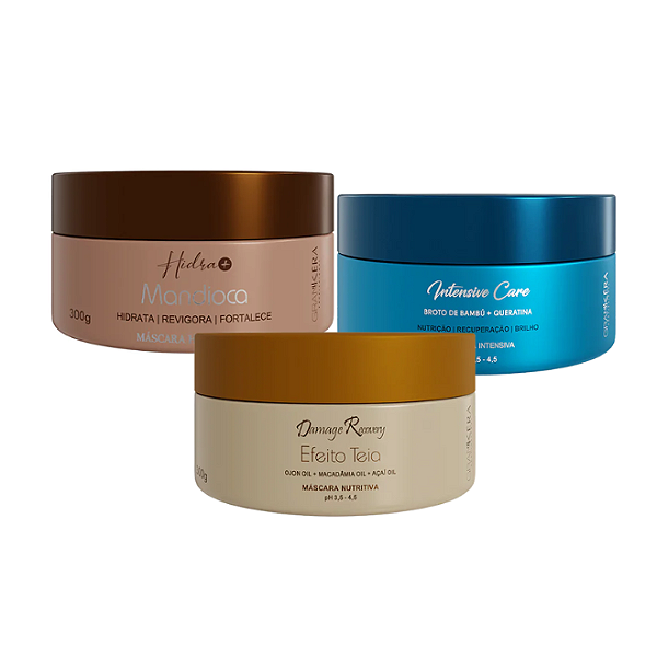 KIT CRONOGRAMA CAPILAR 3 MÁSCARAS - NUTRIÇÃO, HIDRATAÇÃO e RECONSTRUÇÃO Grankera