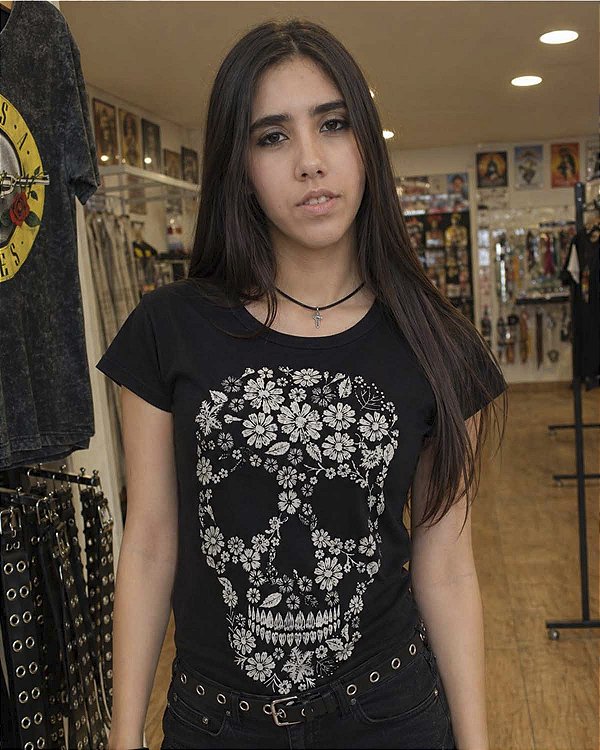 Blusa Feminina Caveira Flores Pedraria