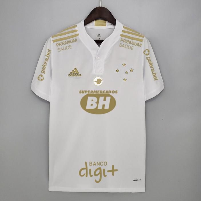 Nova Camisa Cruzeiro 2 Torcedor FULL Patrocínios Branca com Dourado Masculina 2021 / 2022