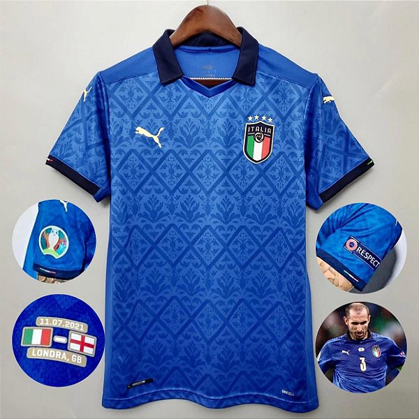 Camisa Itália 1 TORCEDOR Final Eurocopa 2020 com Patch Eurocopa Respect e Data do Jogo Match Day