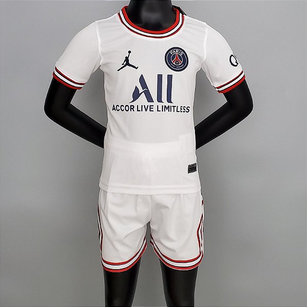 Kit Infantil PSG Jordan 4 Branco Camisa e Short  2021 / 2022