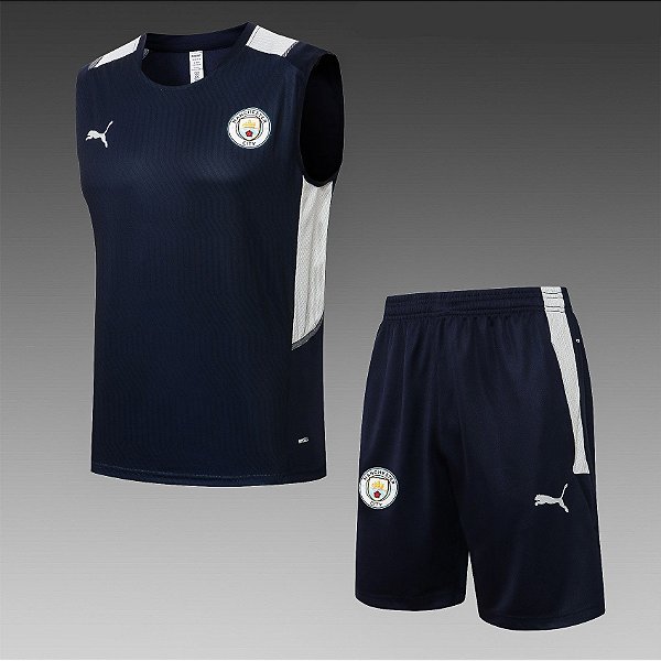Kit Treino Conjunto Manchester City Azul Escuro Regata E Short Masculino 2021 / 2022