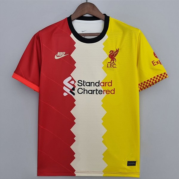 Nova Camisa Liverpool Vermelho Bege Amarelo Torcedor Masculina 2022 / 2023