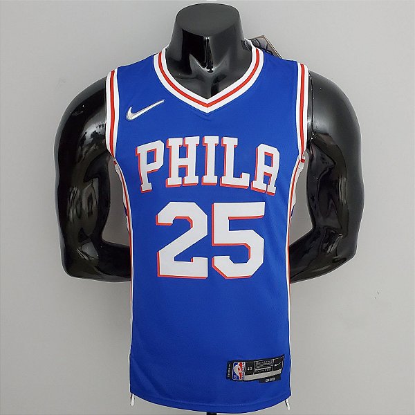 Regata Basquete NBA Philadelphia 76ers 75º aniversário Azul Simmons 25 Edição Jogador Silk