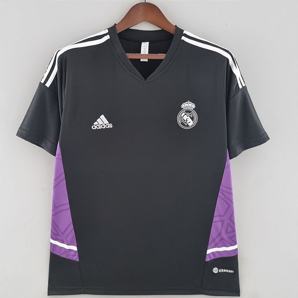 Nova Camisa Real Madrid Treino Preta Borda Roxa Torcedor Masculina 2022 / 2023