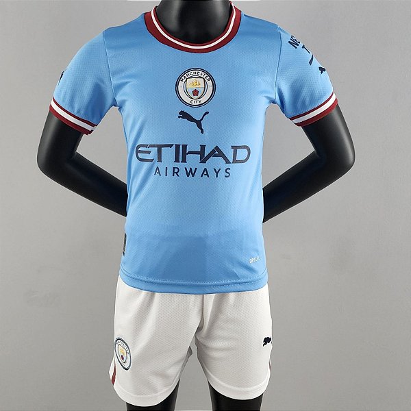 Novo Kit Infantil Manchester City 1 Azul Camisa e Short  2022 / 2023