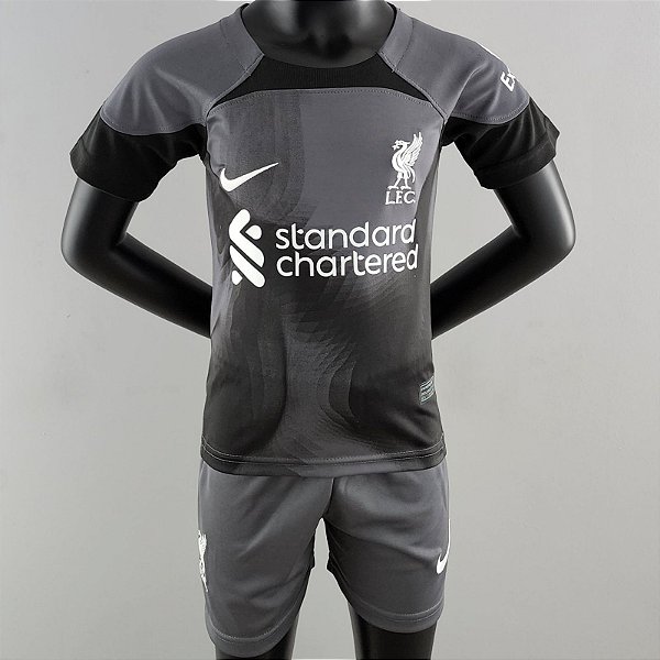 Novo Kit Infantil Liverpool Goleiro Preto Camisa e Short  2022 / 2023