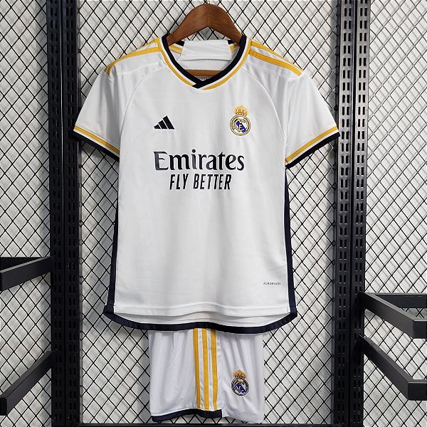 Novo Kit Infantil Real Madrid 1 Branco Camisa e Short  2023 / 2024