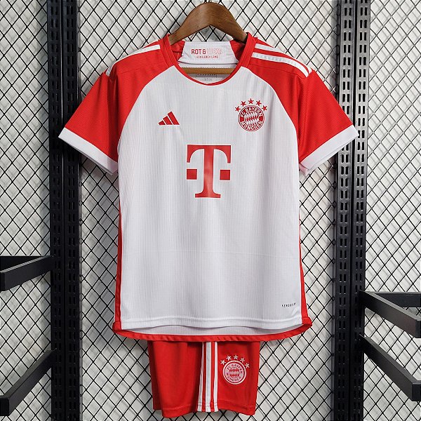 Novo Kit Infantil Bayern de Munique 1 Branco E Vermelho Camisa e Short  2023 / 2024