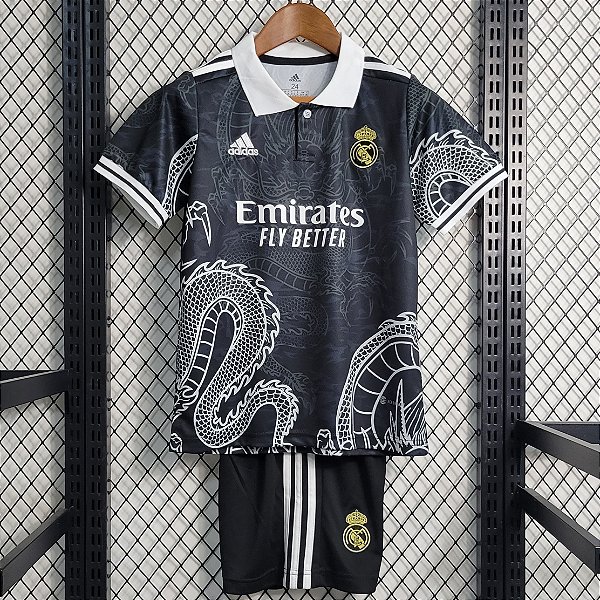 Novo Kit Infantil Real Madrid Edição Especial Preto Camisa e Short  2023 / 2024