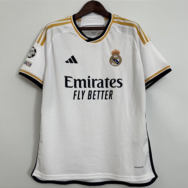 Nova Camisa Real Madrid 1 Patch UEFA Champions League Torcedor Masculina 2023 / 2024