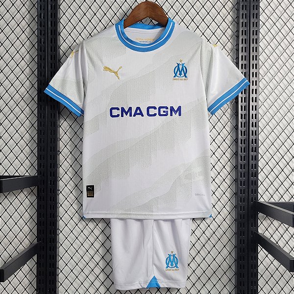 Novo Kit Infantil Olympique de Marseille 1 Branco Camisa e Short  2023 / 2024